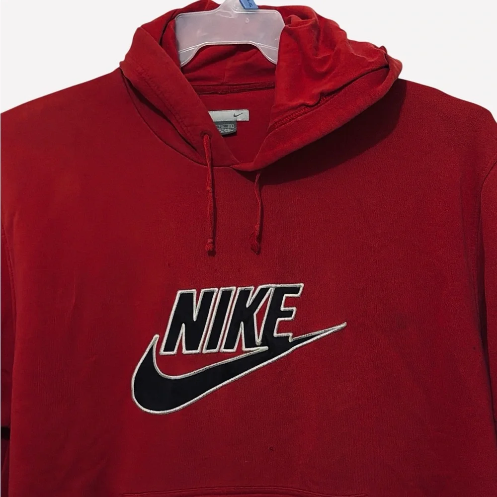 Vintage Nike Hoodie Red Y2K Center Swoosh Check Spell Out Logo Sweatshirt Sz 2XL